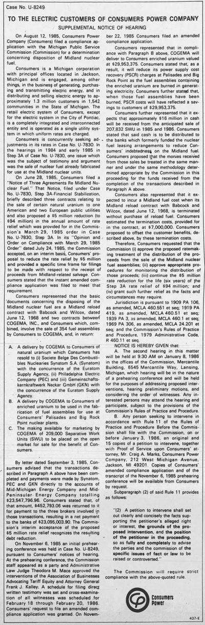 Midland Nuclear Power Plant (Cancelled) - Dec 1985 Public Statement From Consumers